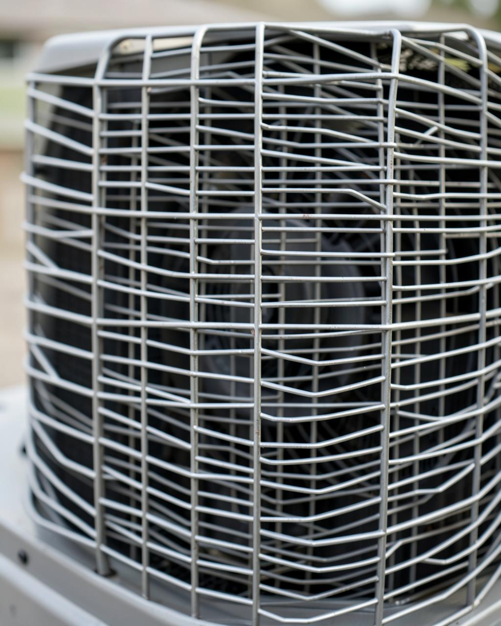 Close-up of a residential air conditioner condenser unit