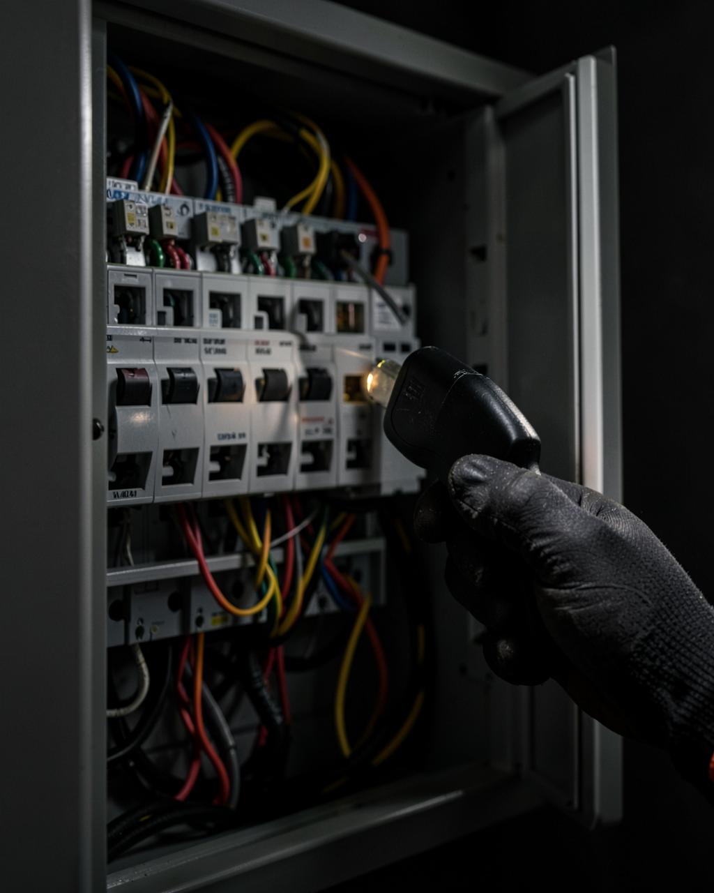 Electrical breaker panel being tested with a voltage tester