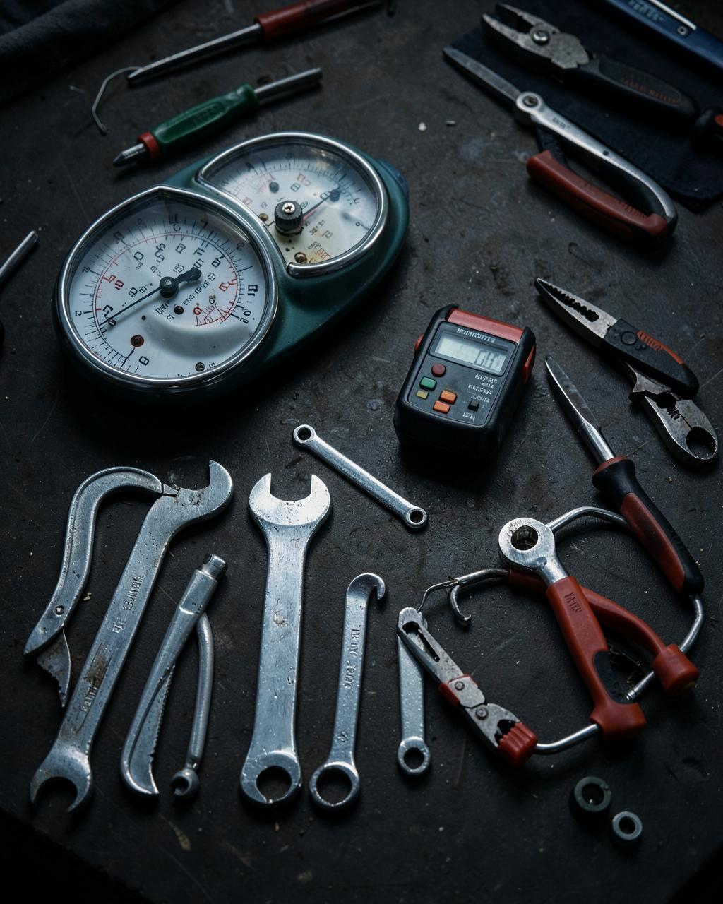 HVAC technician tool set laid out on a workbench