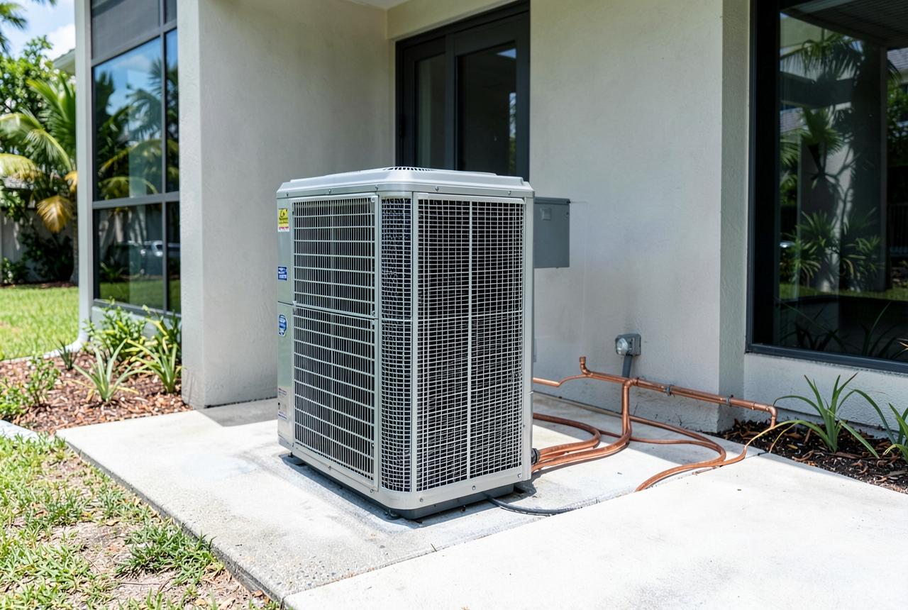 Newly installed outdoor air conditioner condenser beside a Florida home