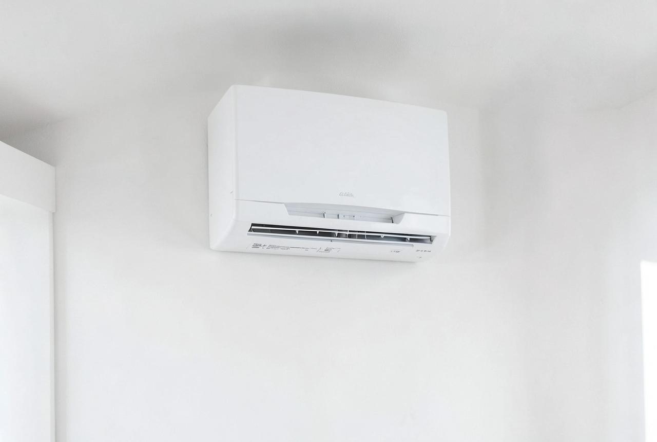 Wall mounted ductless mini-split air handler in a bright room