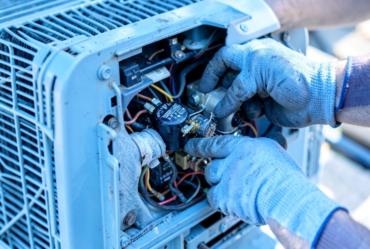 Technician repairing the internal components of an air conditioner condenser